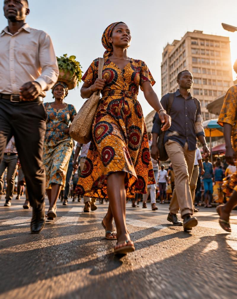 People moving through an African city market